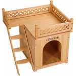 Cadoca® Maison pour chats en bois de pin 65x55x54cm 2 étages échelle balcon niche pour chiens villa pour animaux terrasse