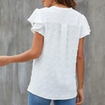 (White M)Women Blouse V Neck Ruffle Sleeve Loose Dotted Polyester Female