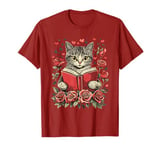 Flowers Cat Reading Book Valentines Day Graphic Funny T-Shirt