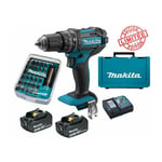 Perceuse visseuse à percussion Makita 18V 62Nm DHP482 + 2 batt 3 Ah + 30 embouts de vissage + porte-embout magnétique