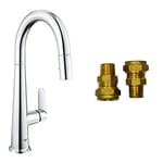 GROHE Veletto & UK Adaptors – 1 Lever Kitchen Sink Mixer Tap with Pull-Out Dual Spray (High C-Spout, 28 mm Ceramic Cartridge, 360° Swivel Range, QuickMount Included, Tails 3/8 Inch), Chrome, 30419000
