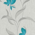 Teal Silver Flower Wallpaper Floral Textured Glitter White Vinyl Erismann