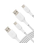 Belkin BoostCharge Braided USB-C to USB-A Charging Cable (3.3ft/1M) for iPhone 16 Series, Samsung Galaxy S24 Series, Note20, Google Pixel 9 & 8, iPad Pro, Nintendo Switch, & More - White (2-Pack)