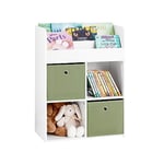 SoBuy Bibliothèque pour Enfant, Étagère de Rangement pour Jouets et Livres, Meuble de Rangement pour Chambre d’Enfants avec 3 Étagères, 4 Compartiments et 2 Boîtes de Rangement, 60x34x80 cm, KMB79-W