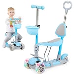 Birtech Kids Kick Scooter 3 Wheels Scooter for Toddler 5 in 1 Scooter for Kids-with Removable Seat and Push Rod, Adjustable Height Kick Scooter for Girls & Boys 2-4 Years Old, Blue