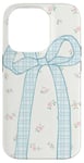 iPhone 14 Pro Aesthetic Coquette Light Blue Big Plaid Bow & Floral Pattern Case