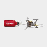 Primus Multifuelkök OmniLite Titanium, 2600 W + bränslepump multiverktyg vindskydd värmereflektor förvaringspåse bränsleflaska 350 ml, Power Fuel (1 liter)