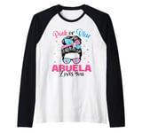 Pink or Blue Abuela Loves You Gender Reveal Messy Bun Raglan Baseball Tee