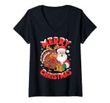 Womens Festive Xmas Santa on Marry Christmas Wild Turkey V-Neck T-Shirt