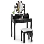 COSTWAY Coiffeuse avec Tabouret Rembourré, Ensemble de Coiffeuse avec Miroir Ovale Éclairé LED 3 Couleurs, Table de Maquillage Vintage, Interrupteur Tactile et 4 Tiroirs, 40 x 75 x 145 cm(Noir)