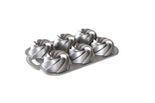 Nordic Ware 88037 Heritage Bundtlette Cast Aluminium Bundt Tin, Makes 6 Mini Cakes with Swirled Pattern, Made in The USA, Colour: Silver, Metallic