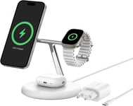 Boostcharge Pro Station De Recharge 3-En-1 Avec Qi2 (15 W, Magsafe, Pour Tous Les Modèles De L'Iphone 16, 15, 14 Et 13, Les Airpods, L'Apple Watch, Etc., Adaptateur Secteur Inclus, Blanche)