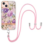 iPhone 15 Plus Skal Blommönster med Strap Lila Pion