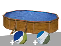 Kit piscine acier aspect bois Gré Pacific ovale 6,34 x 3,99 x 1,22 m + Bâche à bulles + Tapis de sol