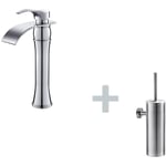 Auralum - Mitigeur Lavabo Cascade Robinet Lavabo/Vasque Haute Bec Moocommand,Chromé+Porte Brosse Toilette Acier Inoxydable Brosse wc Mural