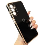 ZTOFERA Compatible with Samsung Galaxy A14 5G Case for Girls Women, Flexible Soft Silicone Protective Phone Case with Cute Love Heart Pattern Golden Edging Shockproof Bumper Cover, Black