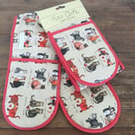 Alex Clark Marvellous Moggies Cat Double Oven Gloves Mitts Red Cream Pot Holder