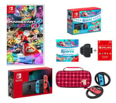 Nintendo Switch Neon Red & Blue, Sports, Mario Kart 8 Deluxe, 12 Month Membership, Joy-Con Racing Wheels & Pikachu Case Bundle, Red,Blue