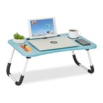 Relaxdays Table lit et canapé Ordinateur Portable, Porte-Tablette, Encoche gobelet, HxLxP : env. 26x63x40 cm, Bleu/Blanc