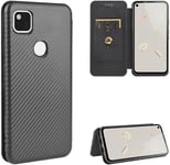 Compatible Avec Coque Google Pixel 4a 4g, Mince Flip Fibre De Carbone [Test De Chute] Antichoc Stand Fente Avec Carte, Protecteur D'écran En Verre Trempé*2-Noir