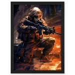 Artery8 Army Warfare Desert Sniper Explosion Flames Oil Painting Soldier Action Scene Artwork Framed A3 Wall Art Print