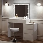 WOLTU Coiffeuse avec Miroir, Éclairage LED Variable, Tabouret Rond Réglable en Hauteur, Commode Latérale à Montage Flexible, Table de Maquillage avec 5 Tiroirs et Tabouret Pivotant, Blanc, MB6116ws