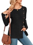 NARRAME Pull Femme Hiver Noir Manches Longues Haut Femme Boutons Fente Latérale Chemisier Sweat Tunique Ajustée X-Large