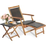 Chaise Longue en Rotin et Bois d'Acacia Certifié fsc avec Repose-Pied Rétractable et Accoudoirs Charge 160KG, Bain de Soleil avec Table d'Appoint