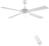 Ventilateur De Plafond Avec Lumiere Led Dimmable Telecommande,Ø122 Cm Ventilateur Plafond Blanc Silencieux,4 Pales Reversible Ac Ete-Hiver,Minuterie,Blanc + Bois