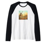 Whet Fields With Windmills Vintage Landscape Graphic Raglan Baseball Tee