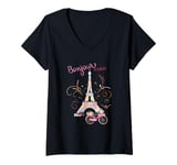 Womens Bonjour Paris Eiffel Tower The Sign Of Love France Parisian V-Neck T-Shirt