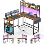 Devoko LED Bureau Gaming 120 * 140CM,Bureau d'angle avec Rangement, Bureau Informatique PC en Forme L déformable avec Sac de Rangement, avec 2 Chargeur USB, 2 Prises, Jouer et Travailler,Marron