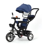 Tricycle Évolutif Pour Enfants, Canne Télescopique, Pare-Soleil Pliable Amovible Et Panier, Blue