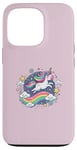 Coque pour iPhone 13 Pro Licorne ludique volant à travers le ciel étoilé avec arc-en-ciel