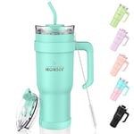 MOMSIV 40oz Tumbler with Handle and Straw, Large Capacity 1100ml Stainless Steel Leakproof Coffee Cup, Insulated Vacuum Double Wall Travel Mug Water Bottle for Hot Iced Drink - Mint-Blue