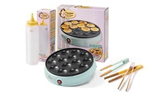 Bestron Poffertjesmaker Kit économique avec bouteille à pâte et 3 pinces de service, idéal pour Noël, Pâques ou anniversaires d'enfants, design rétro, 800 W, couleur : menthe/jaune