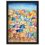 Summer At The Seaside With Colourful Beach Umbrellas On The Sand Watercolour Painting Artwork Framed Wall Art Print A4