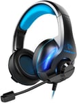 YINSAN Gaming Headset for PS5 PS4 Xbox Series X/S Nintendo Switch Xbox One PC, Wired Gaming Headphones with Stereo Surround Sound Noise Cancelling Mic One-key Mute Button, Blue - LED Lights