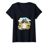 Womens Funny Ghost Farmer Halloween Barnyard Farm Animal Cute Ghost V-Neck T-Shirt