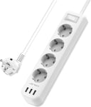 Multiprise 4 Prises Avec 3 Port Usb Bloc Multiprise Electrique(3680W/16A) Avec Interrupteur Cordon 1,5M Pour Smartphone Tablette-Blanc