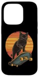 Coque pour iPhone 14 Pro Skateboard Chat Rétro Coucher de Soleil - Drôle Cool Vintage