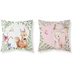 Taie d'oreiller coton 40x40 Ecureuil lapin blanc rose poudré double face PSBA 32 A Mayamoo 26