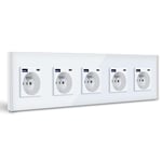 BSEED Quintuple Prise Murale avec USB C,Prise de courant à Encastrer,16A Prise de Courant Alternatif avec Panneau en Verre,Chargeur Rapide Multiprises avec 1USB C 20W,Idéal pour Maison,Bureau-Blanc