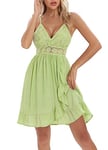 LATH.PIN Femme Mini Robe à Bretelles en Dentelle Robes à Sangle Réglable Sexy Robe d'été Col V Cocktail A-Line Asymetrique à Volants (Vert,XL)