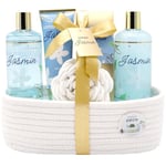 Coffret Bain Jasmin - Lotion Corps 120ml, Shampoing, Gel Douche, Sels de Bain - Cadeau Femme Beauté, Soin Corps, Bien Etre - Kit Cocooning Panier Jasmin French Tendance