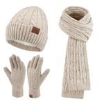 Femme Hiver Bonnet Chapeau Écharpe Écran Tactile Gants Ensemble Chaud Tricot Polaire Doublé Casquette Foulard Gant Cadeaux de Noël Anniversaire pour Femmes