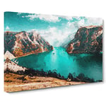 Big Box Art Lake Between The Mountains Canvas Wall Art Framed Picture Print, 30 x 20 Inch (76 x 50 cm), Green, Turquoise, White, Brown