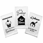 Lot de 3 Torchons de Cuisine 100% Coton. Torchon Vaisselle Blanc et Noir Original Fantaisie. 3 x Chiffon, Serviette, Essuie Main pour Offrir en Cadeau à Noel, Crémaillère, Fêtes des Mères / Pères