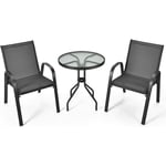 Goplus - Ensemble Bistrot de Jardin 3 Pièces, Ensemble Salon de Jardin 1 Table 2 Chaises d'Extérieur, Table Ronde en Verre Trempé et Fauteuils pour