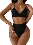 GORGLITTER Women's 2 Piece Classic Triangle Bikini Swimsuit V Neck High Cut Bathing Suit Beachwear Black S